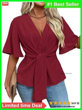 Plus Size Wrap Blouse Peplum Short Sleeve Dressy Top